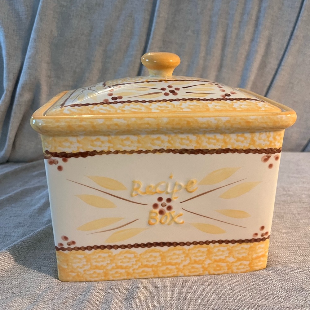 Temp-Tations Yellow and Maroon Ceramic Recipe Box